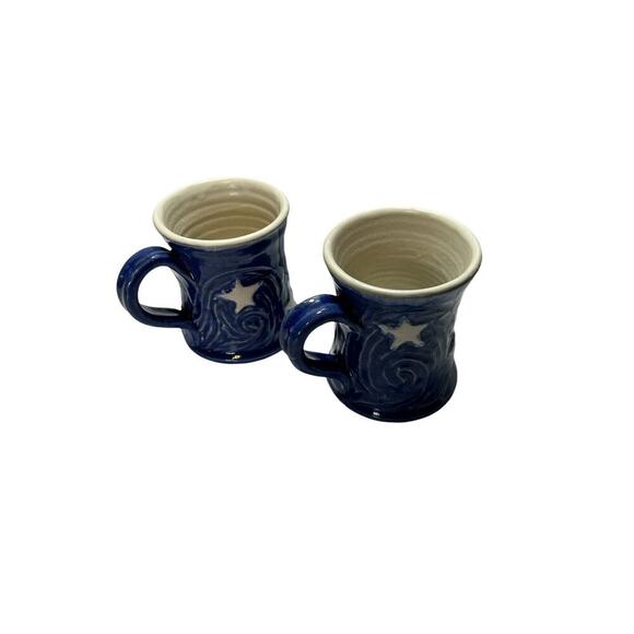 Handmade Art Ceramic Pottery Pair Of Sun And Moon Mugs Blue And White 2 Cups - Picture 6 of 13